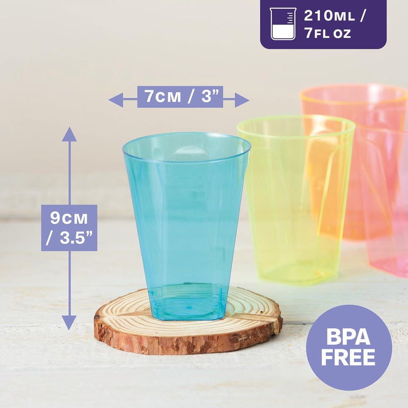 MATANA - 80 Mixed Neon Coloured Plastic Cups Mini Kids Glasses for Juice, Fizzy Drinks or Cocktail Shots at BBQ Garden Picnic Birthday Party - 8cm / 210ml - Image 3